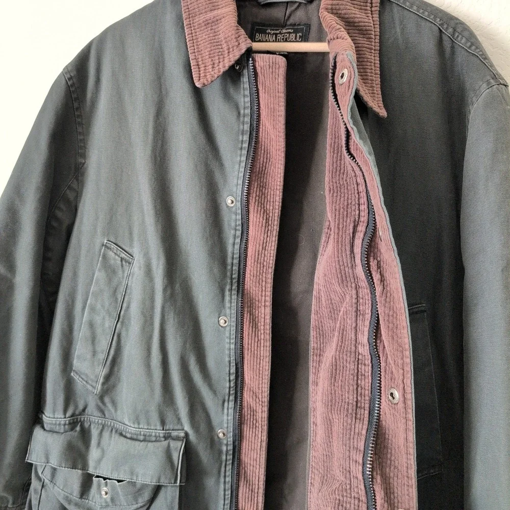Vintage Banana Republic Gray Canvas Barn Chore Coat Corduroy Pockets Size S Work